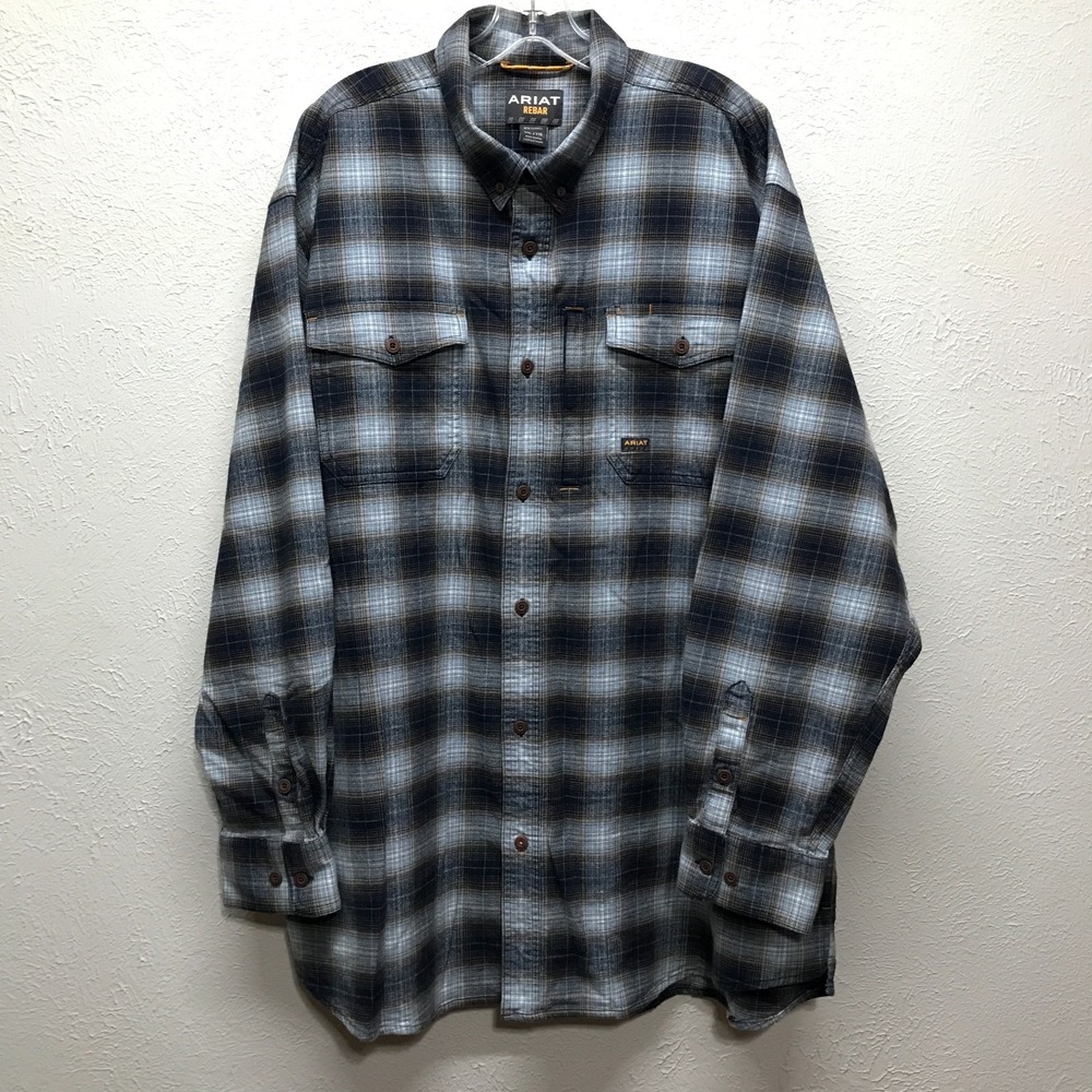 Ariat Rebar Flannel DuraStretch Work Shirt Mens XXL Blue Khaki Plaid Long Sleeve